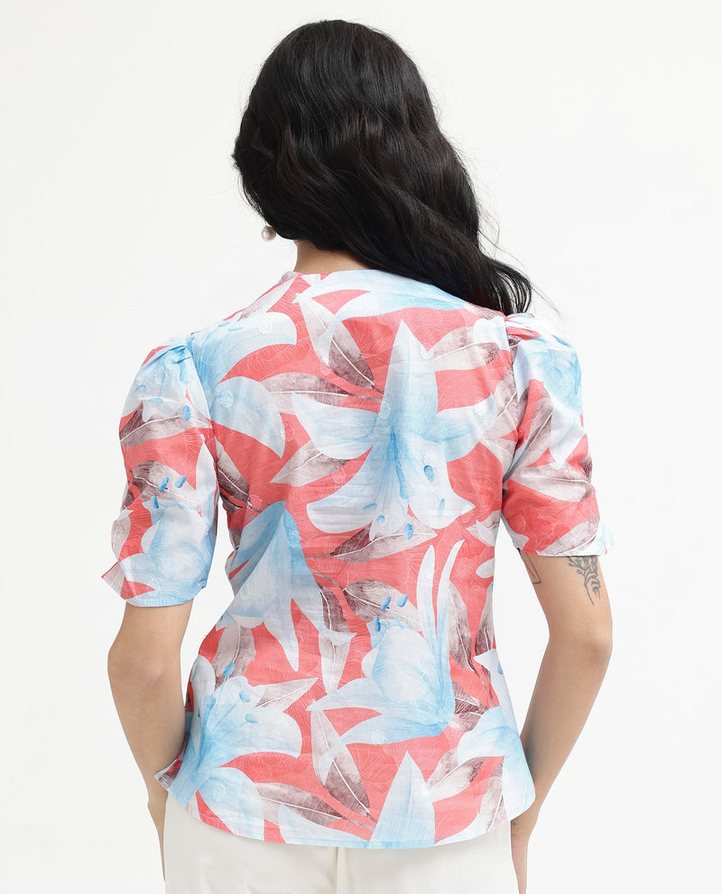 Rareism Women'S Housto-T Pink Cotton Fabric Regular Sleeves V-Neck Floral Print Short Top