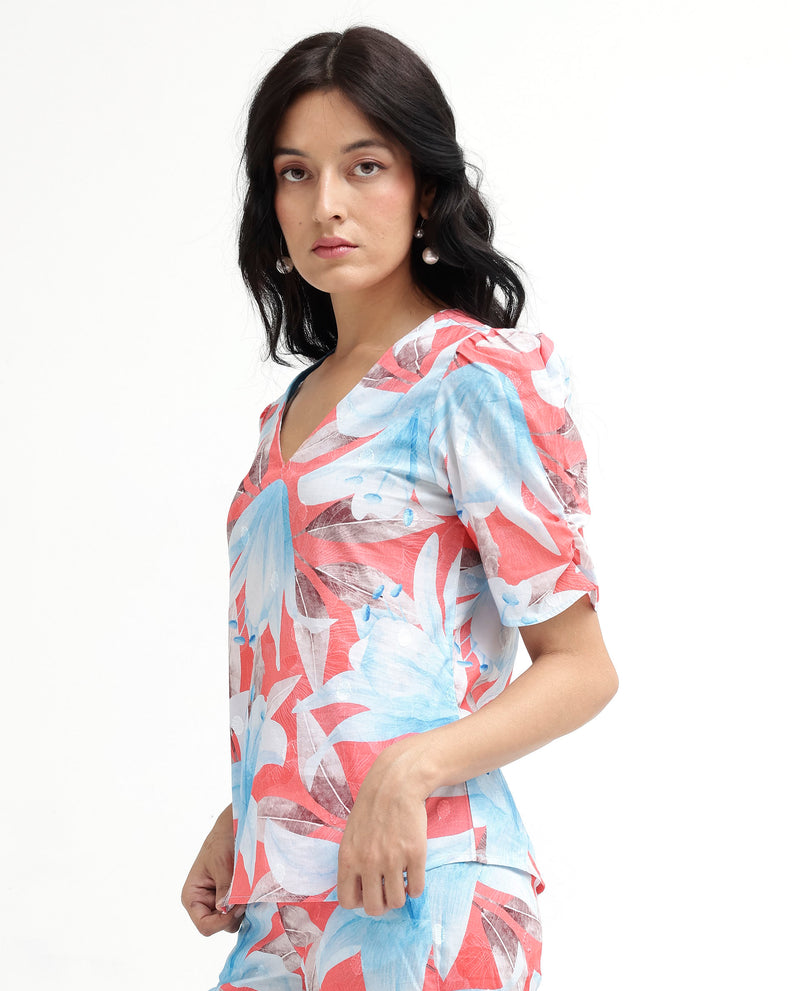 Rareism Women'S Housto-T Pink Cotton Fabric Regular Sleeves V-Neck Floral Print Short Top