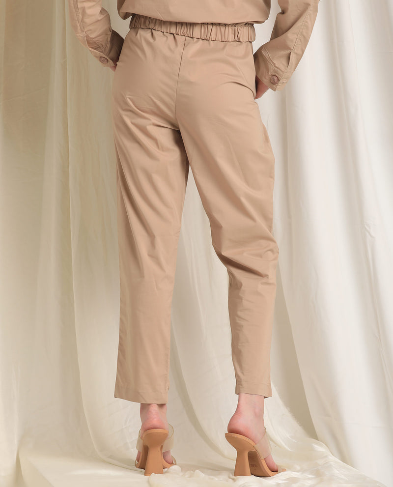 Rareism Women'S Juven Beige Poly Lycra Fabric Regular Fit Mid Rise Solid Ankle Length Trousers