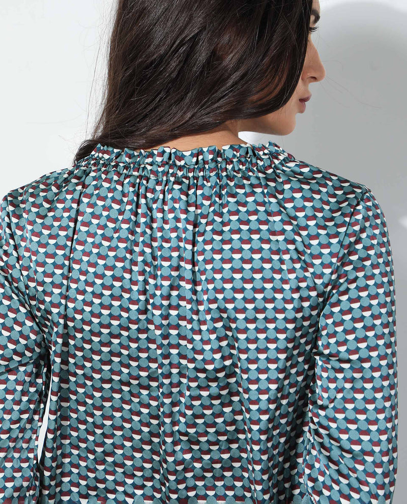 Rareism Women'S Ivy Multi Polyester Fabric 3/4Th Sleeves Ruffled Neck Puff Sleeve Regular Fit Geometric Print Top
