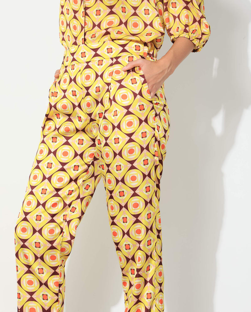 Rareism Women'S Robbie Yellow Polyester Fabric Regular Fit Geometric Print Ankle Length Trousers
