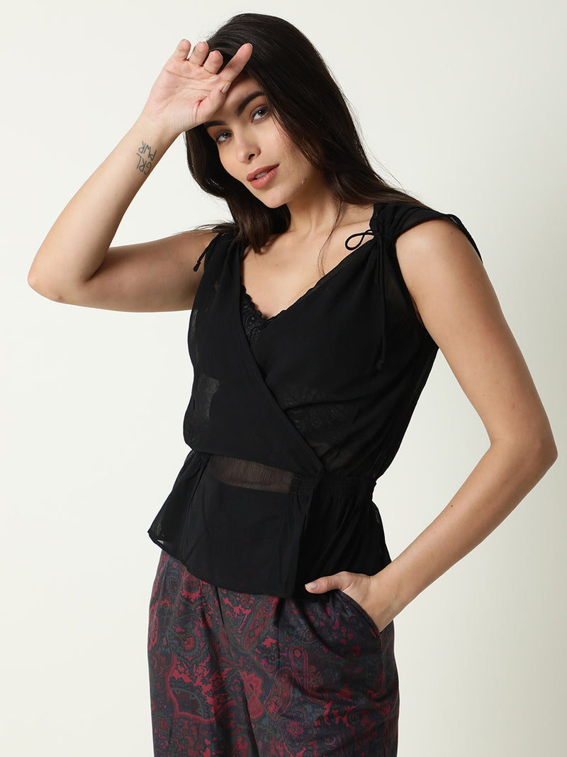 Rareism Women'S Belong Black Viscose Fabric Regular Fit V-Neck Sleeveless Solid Top