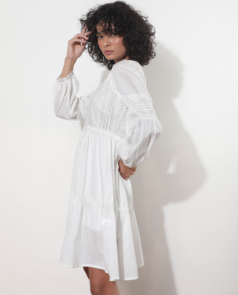 Rareism Women'S Darmini White Cotton Fabric Full Sleeves Round Neck Puff Sleeve Relaxed Fit Plain Knee Length Empire Dress