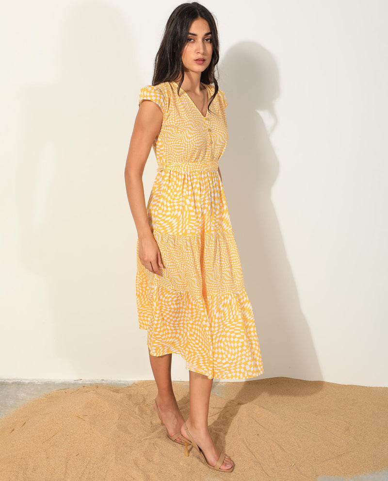 Rareism Women'S Whitney Yellow Cotton Fabric Short Sleeves Button Closure V-Neck Cap Sleeve Regular Fit Geometric Print Knee Length Tiered Dress