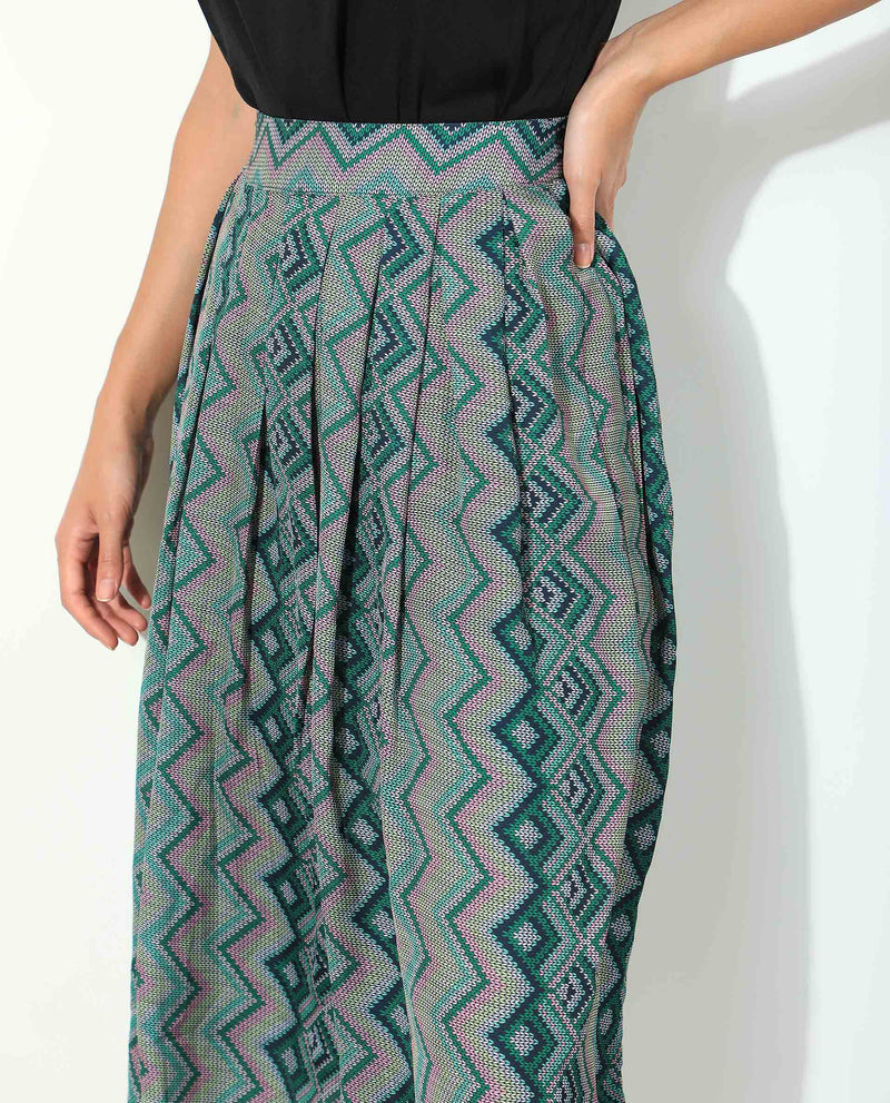 Rareism Women'S Arabella Dark Green Polyester Fabric Zip Closure Regular Fit Geometric Print Knee Length Skirt