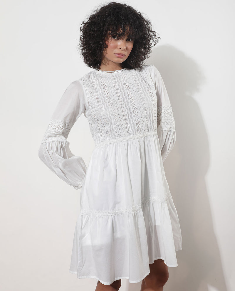 Rareism Women'S Darmini White Cotton Fabric Full Sleeves Round Neck Puff Sleeve Relaxed Fit Plain Knee Length Empire Dress