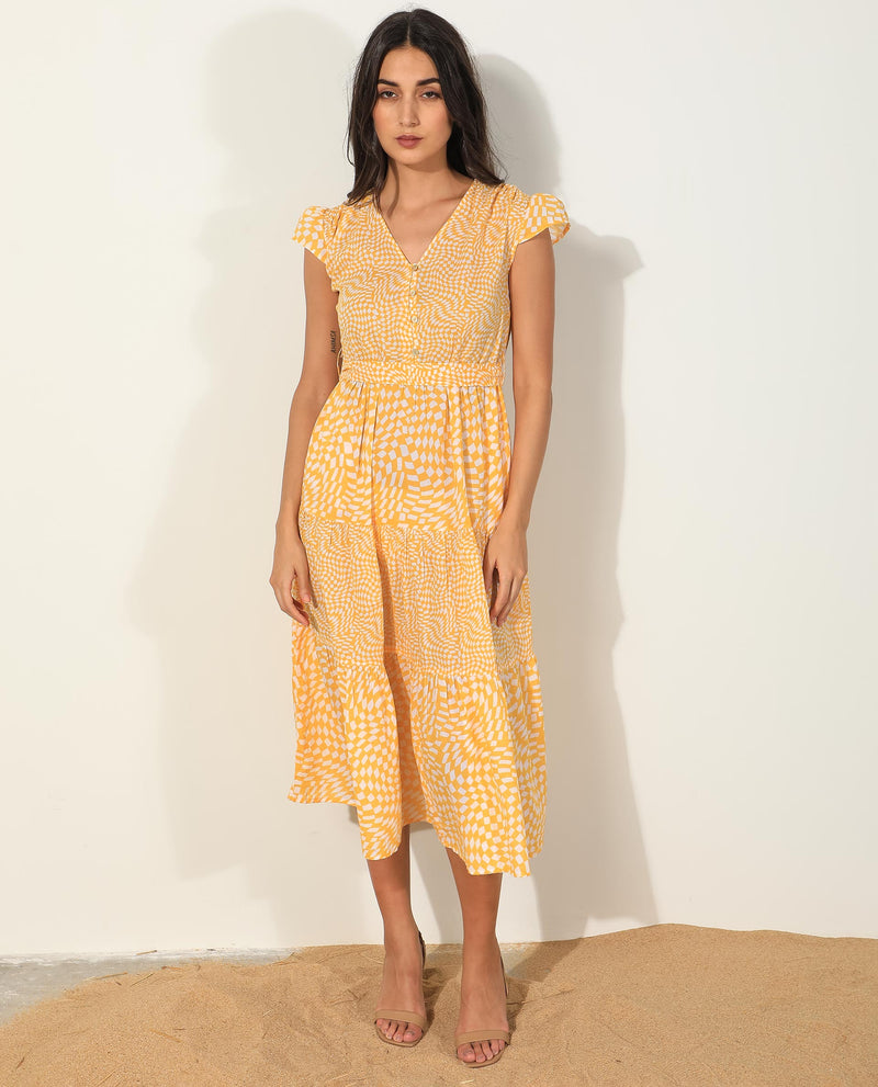 Rareism Women'S Whitney Yellow Cotton Fabric Short Sleeves Button Closure V-Neck Cap Sleeve Regular Fit Geometric Print Knee Length Tiered Dress