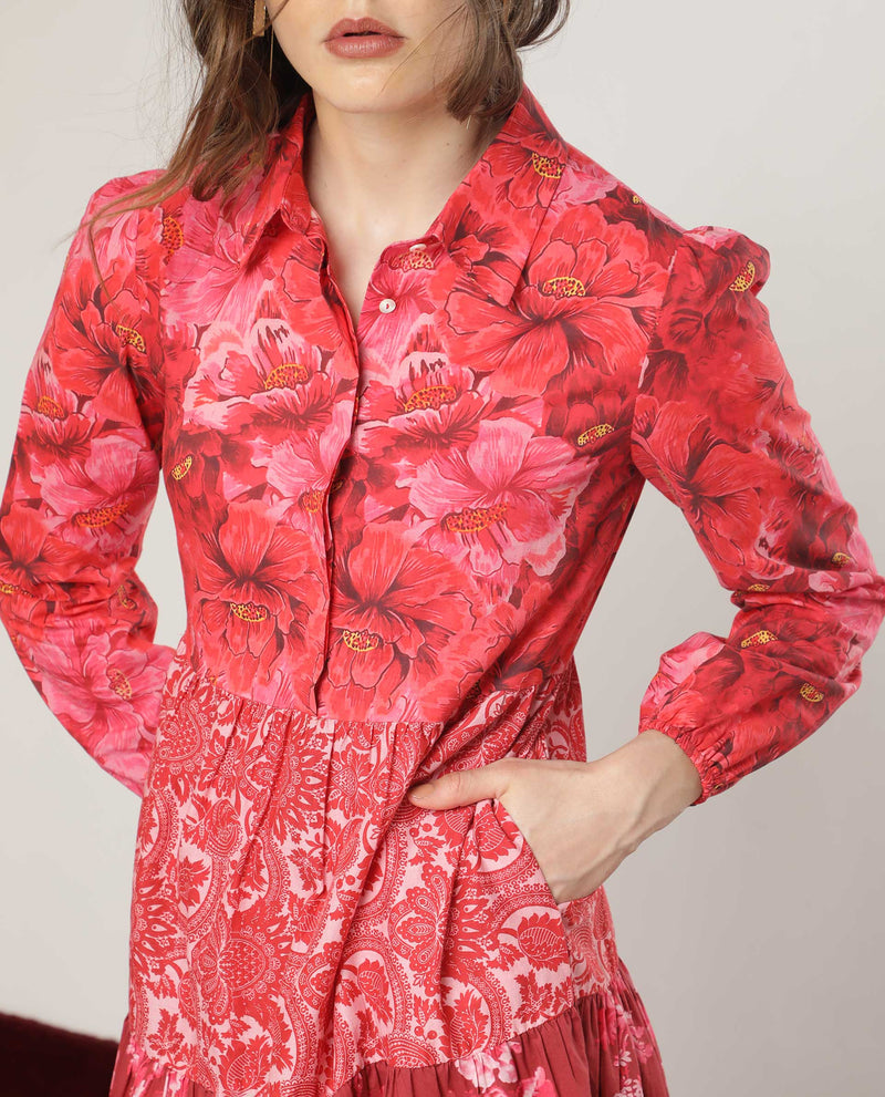 Rareism Women'S Ixora Maroon Cotton Fabric Full Sleeves Button Closure Shirt Collar Regular Fit Floral Print Knee Length Tiered Dress