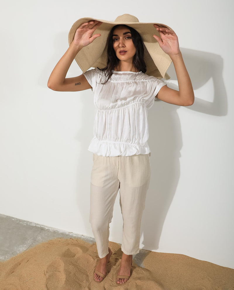 Rareism Women'S Larissa Dark White Polyester Fabric Short Sleeves Zip Closure Boat Neck Extended Sleeve Regular Fit Plain Top