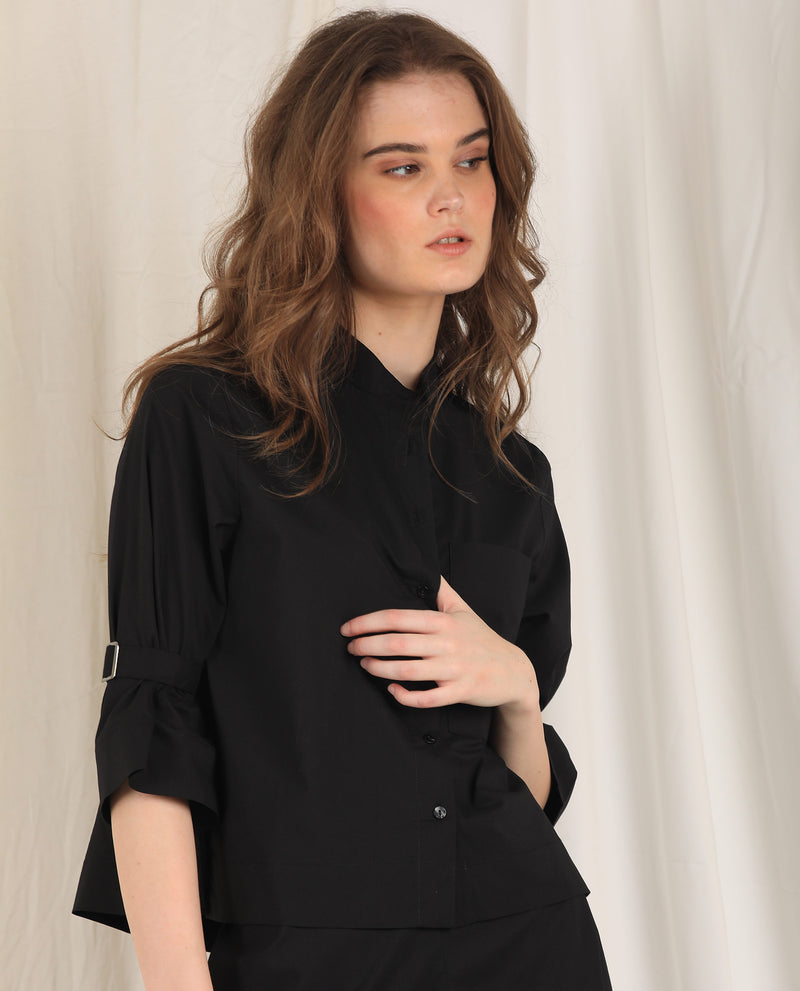 Rareism Womens Sendai Black Top Poly Lycra Fabric Regular Fit Half Sleeve Collared Neck