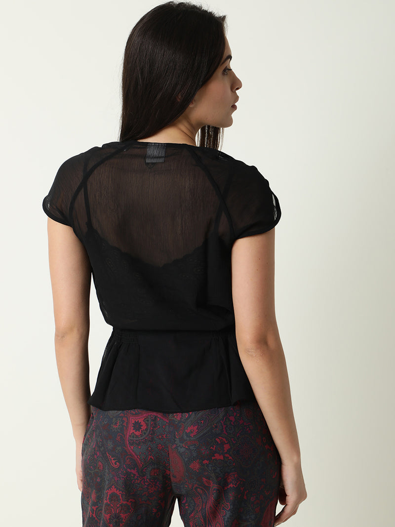 Rareism Women'S Belong Black Viscose Fabric Regular Fit V-Neck Sleeveless Solid Top