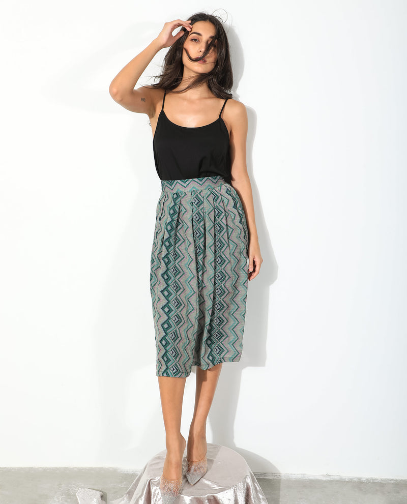 Rareism Women'S Arabella Dark Green Polyester Fabric Zip Closure Regular Fit Geometric Print Knee Length Skirt