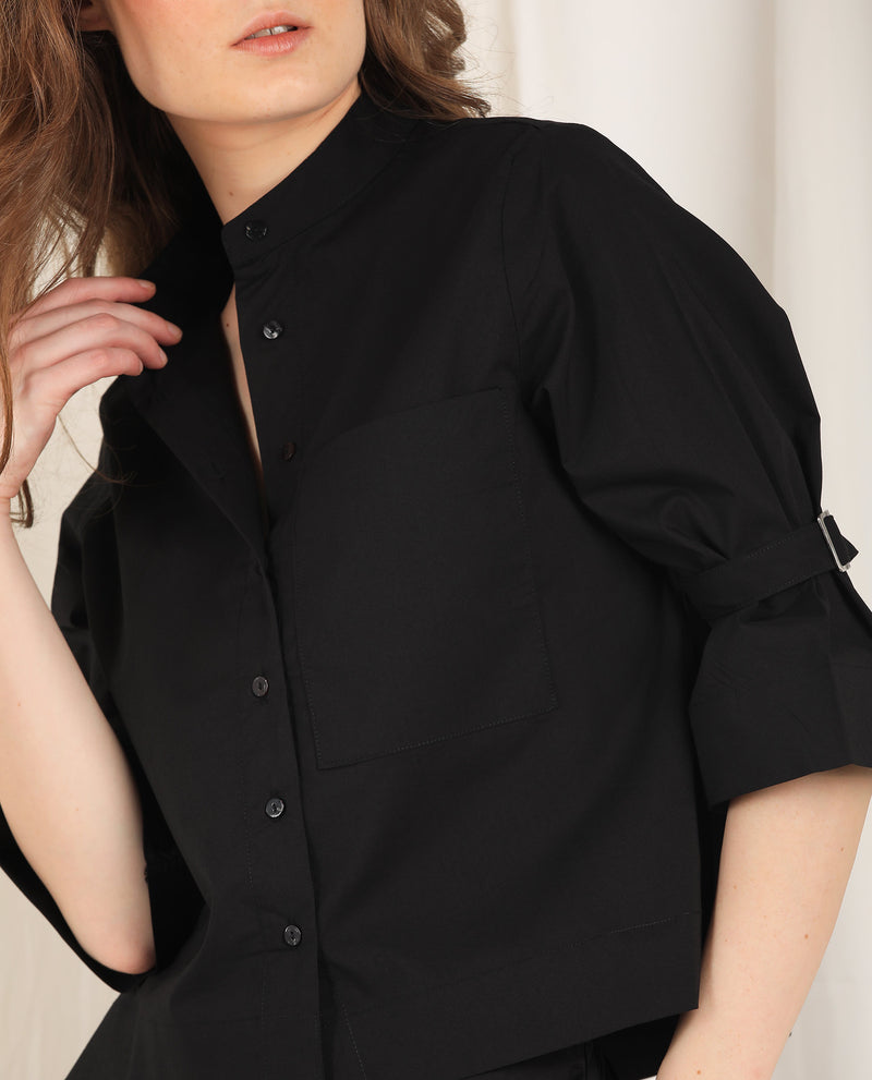 Rareism Womens Sendai Black Top Poly Lycra Fabric Regular Fit Half Sleeve Collared Neck