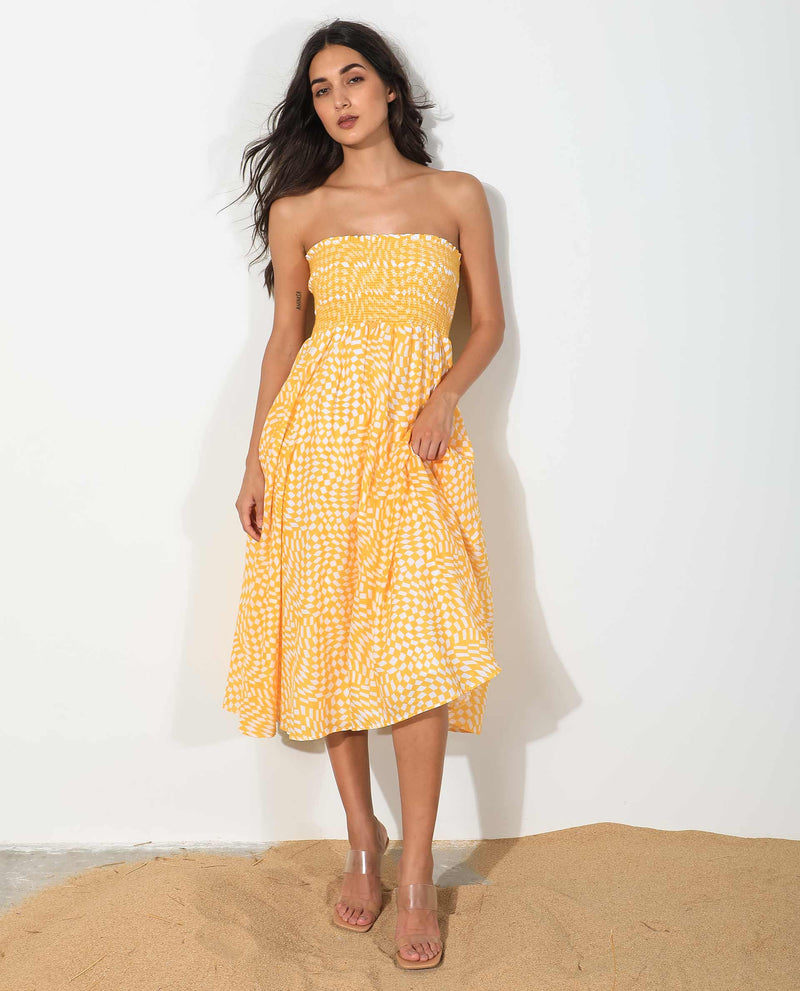 Rareism Women'S Daffodil Yellow Cotton Fabric Sleeveless Tube Neck Shoulder Straps Regular Fit Print Knee Length Dress