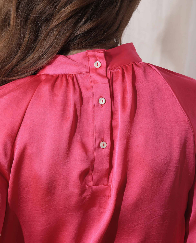 Rareism Women'S Kaylinn Fluorescent Pink Polyester Fabric Full Sleeves Button Closure High Neck Volume Sleeve Relaxed Fit Plain Top