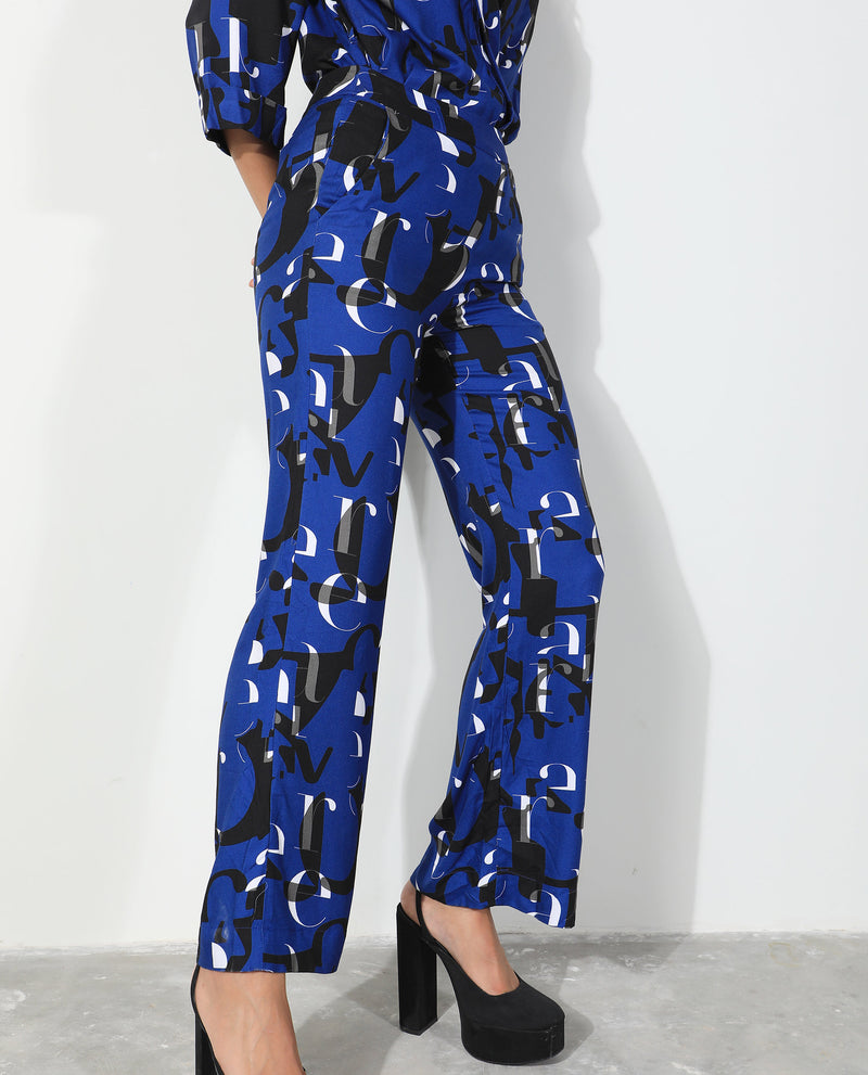 Rareism Women'S Ryan Blue Viscose Fabric Regular Fit Abstract Print Ankle Length Trousers
