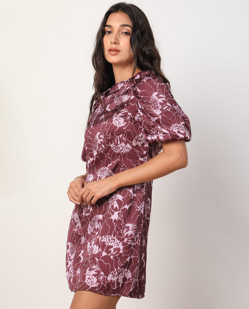 Rareism Women'S Christie Dark Maroon Polyester Fabric Short Sleeves Zip Closure Round Neck Puff Sleeve Slim Fit Floral Print Short Asymmetric Dress