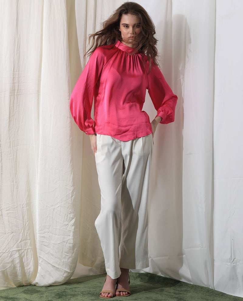 Rareism Women'S Kaylinn Fluorescent Pink Polyester Fabric Full Sleeves Button Closure High Neck Volume Sleeve Relaxed Fit Plain Top