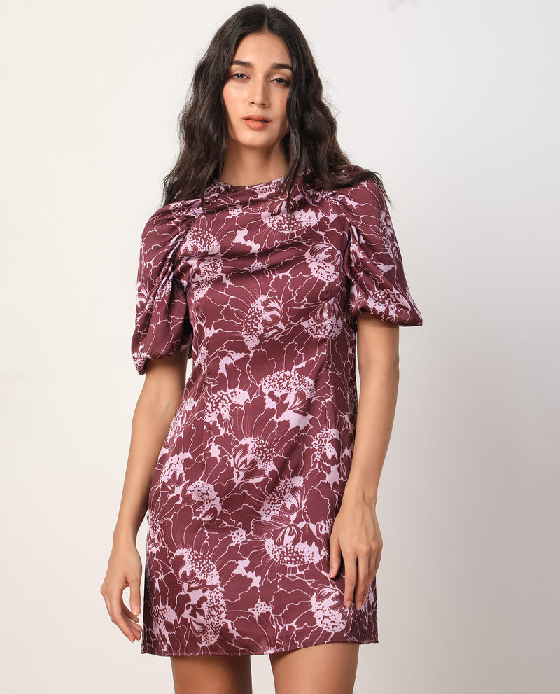 Rareism Women'S Christie Dark Maroon Polyester Fabric Short Sleeves Zip Closure Round Neck Puff Sleeve Slim Fit Floral Print Short Asymmetric Dress