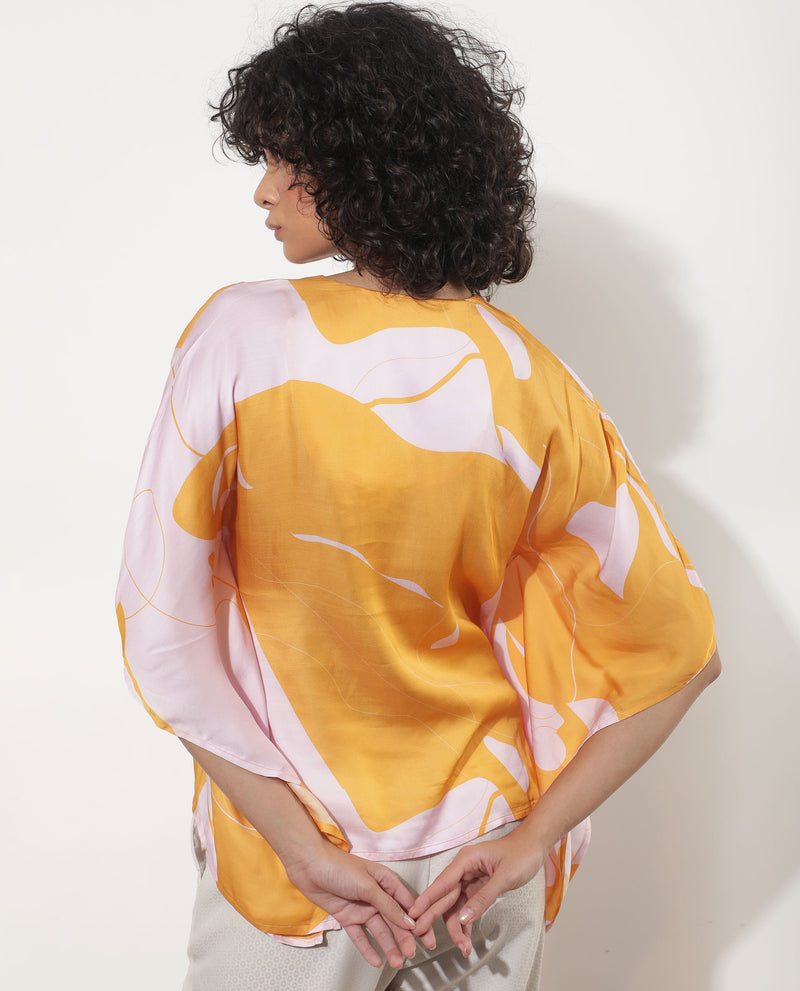 Rareism Women'S Alyse Mustard Modal Fabric Short Sleeves V-Neck Regular Fit Abstract Print Top