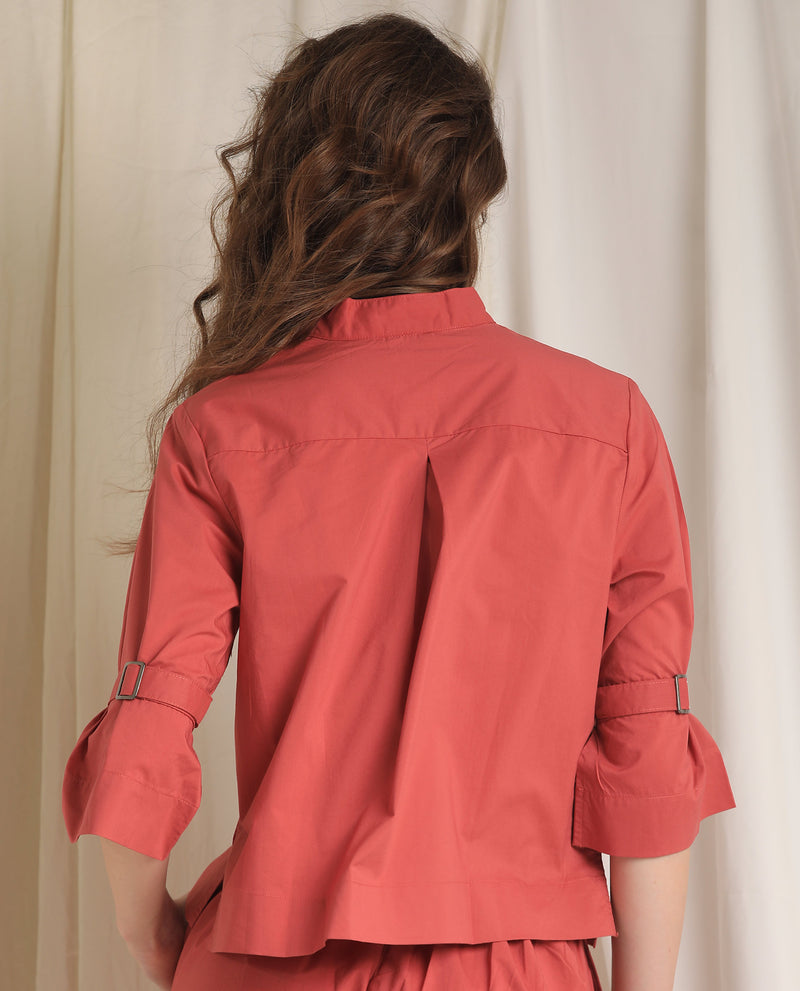 Rareism Womens Sendai Red Top Poly Lycra Fabric Regular Fit Half Sleeve Collared Neck