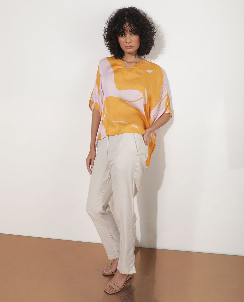 Rareism Women'S Alyse Mustard Modal Fabric Short Sleeves V-Neck Regular Fit Abstract Print Top