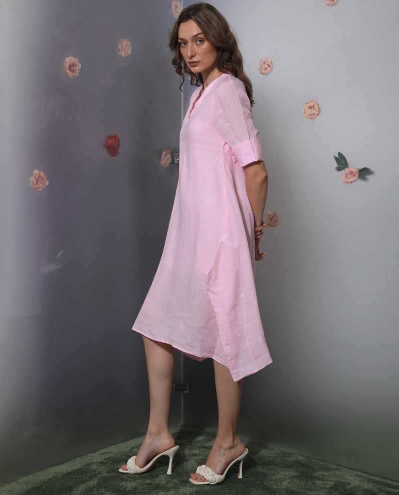 Rareism Women'S Chreey 1 Pink V Neck Tie-Up 3/4 Sleeves Symmetrical Knee Length Dress