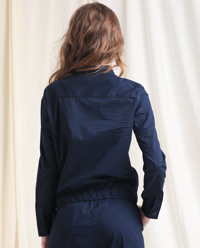 Rareism Women'S Aomori Navy Poly Lycra Fabric Full Sleeves Solid Mandarin Collar Jacket