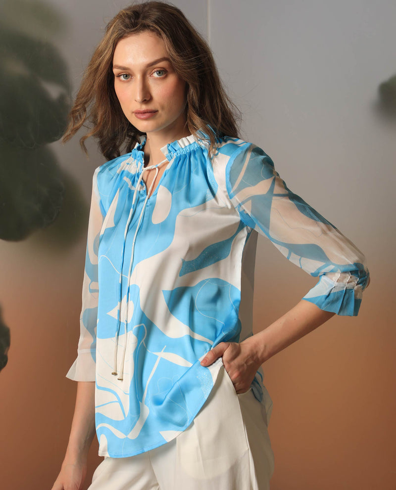 Rareism Women'S Meara Blue Polyester Fabric 3/4Th Sleeves Tie-Up Neck Ruffled Sleeves Regular Fit Abstract Print Top