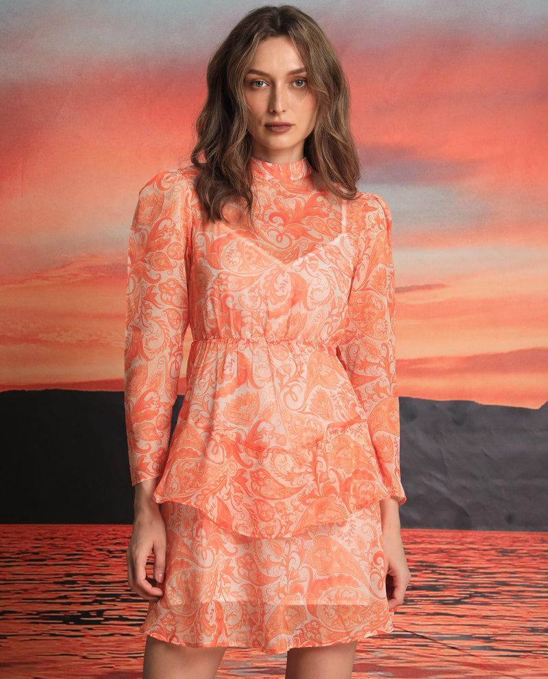 Rareism Women'S Claris Orange Cotton Fabric Full Sleeves High Neck Regular Fit Paisley Print Knee Length Dress