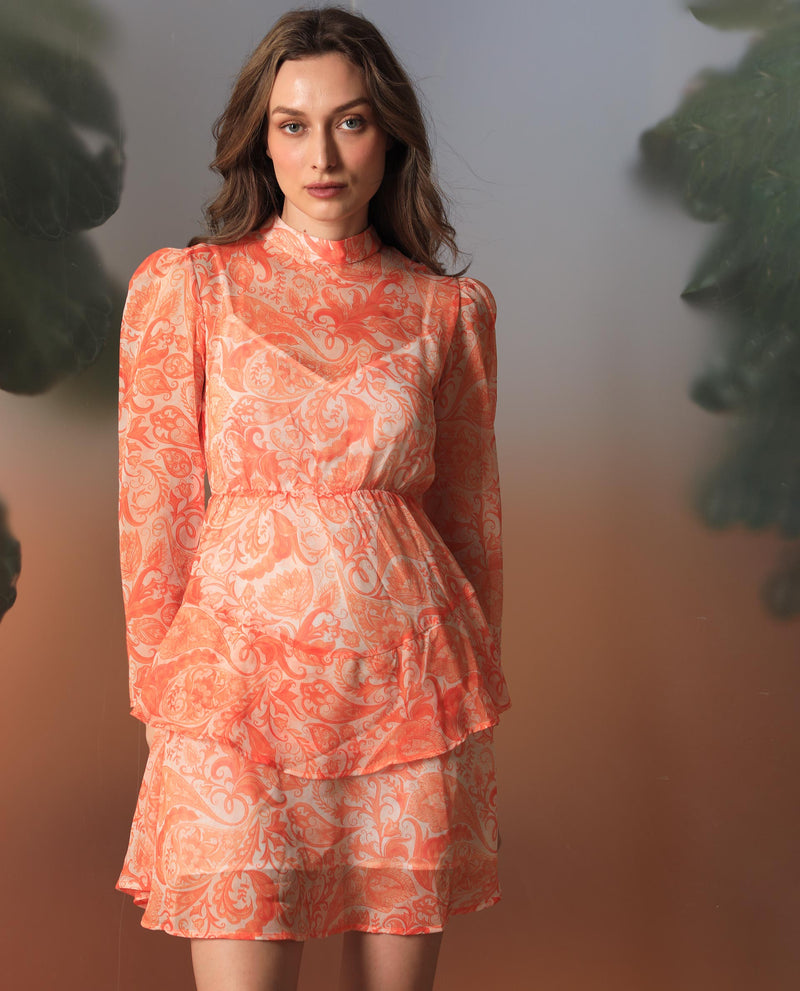 Rareism Women'S Claris Orange Cotton Fabric Full Sleeves High Neck Regular Fit Paisley Print Knee Length Dress