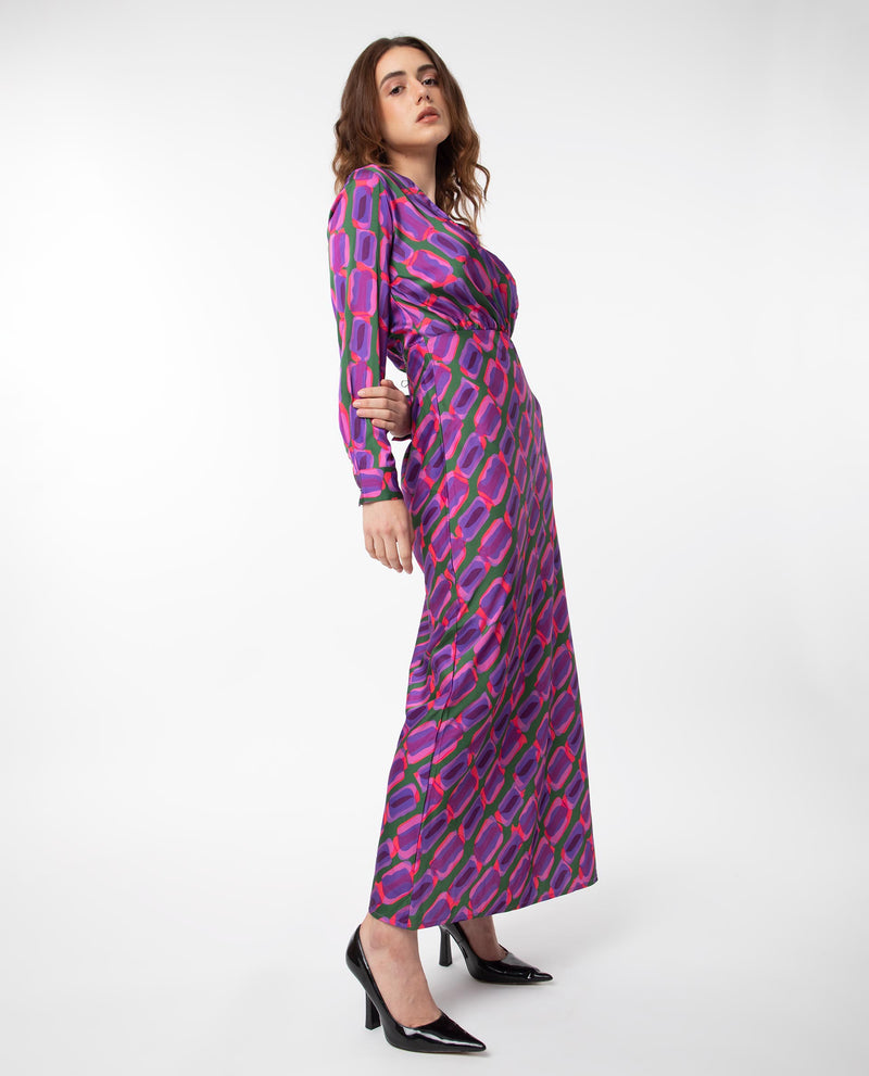 Rareism Women'S Kenra Purple Polyester Fabric Full Sleeves Relaxed Fit Geometric Print Maxi A-Line Dress