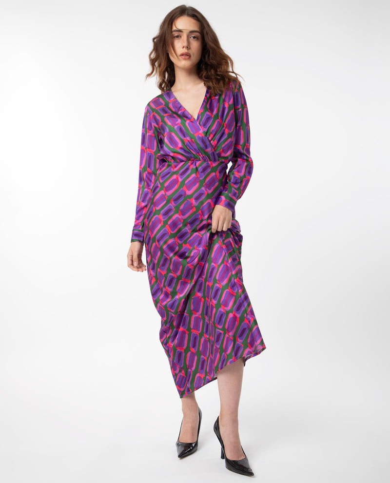 Rareism Women'S Kenra Purple Polyester Fabric Full Sleeves Relaxed Fit Geometric Print Maxi A-Line Dress