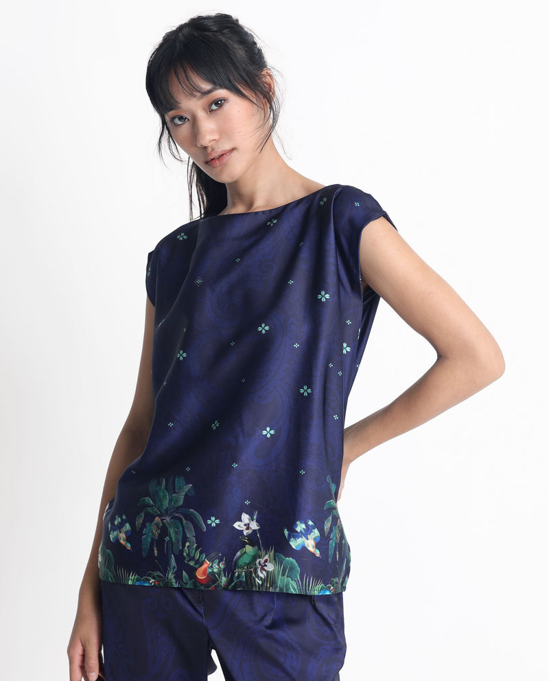 Rareism Women'S Kern Navy Polyester Fabric Short Sleeves Boat Neck Extended Sleeve Regular Fit Floral Print Top