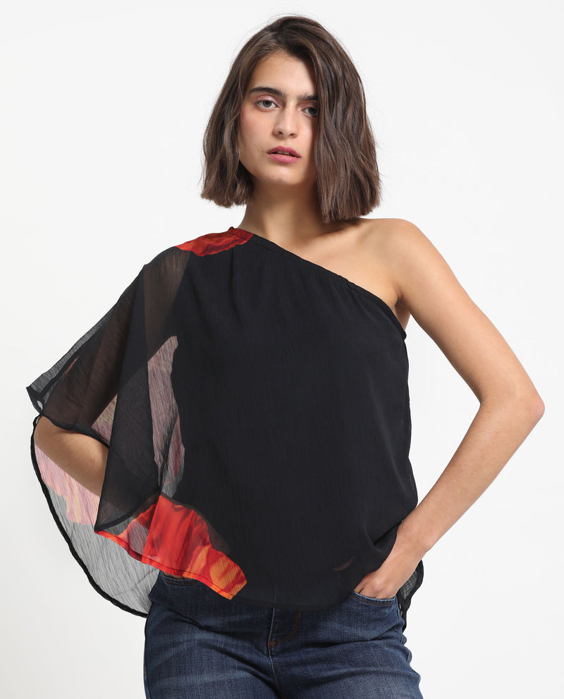 Rareism Women'S Kente Black Polyester Fabric Off Shoulder Tube Neck Flared Sleeve Slim Fit Floral Print Top