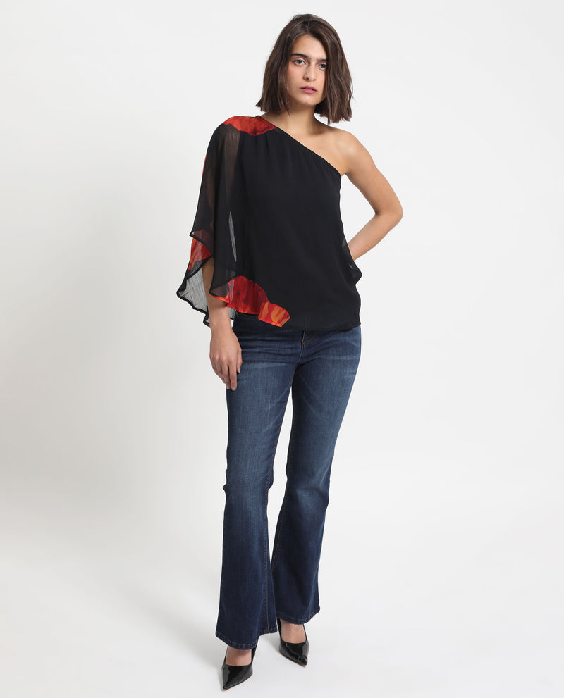 Rareism Women'S Kente Black Polyester Fabric Off Shoulder Tube Neck Flared Sleeve Slim Fit Floral Print Top