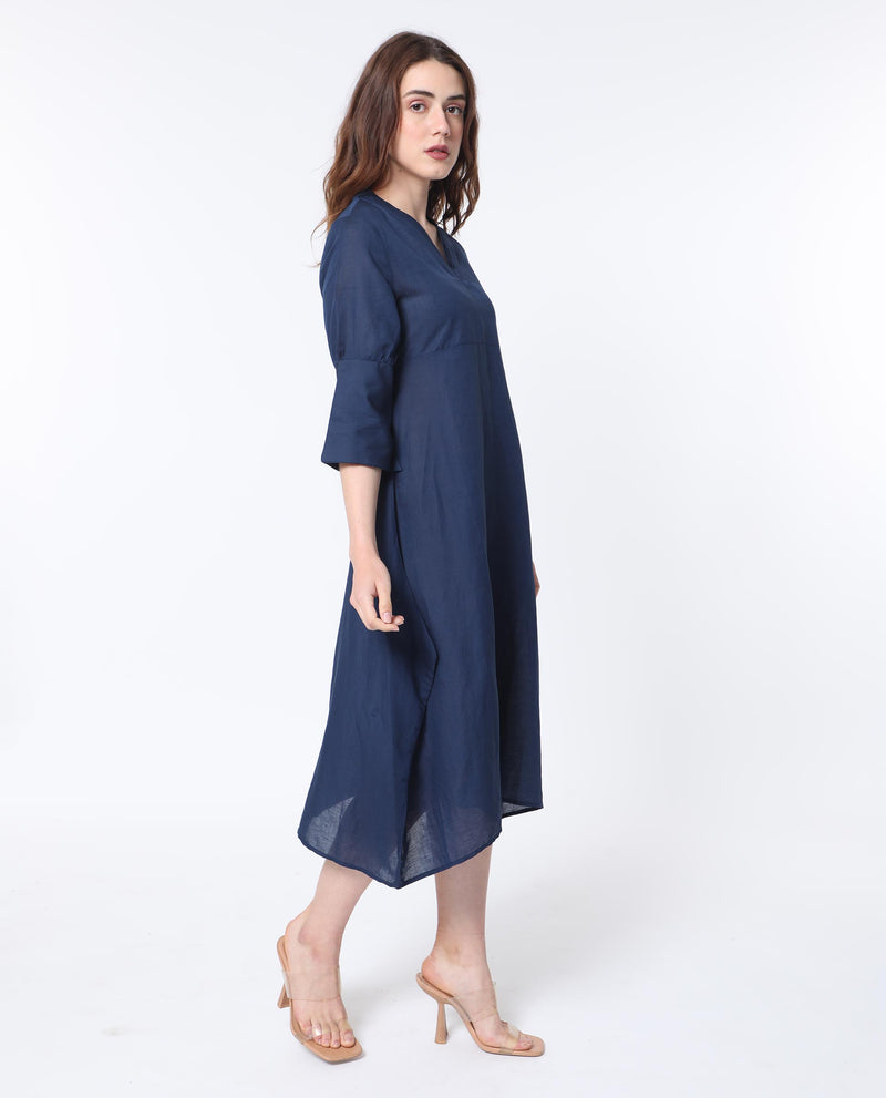 Rareism Women'S Krick Navy Modal Linen Fabric 3/4Th Sleeves V-Neck Relaxed Fit Plain Midi Asymmetric Dress