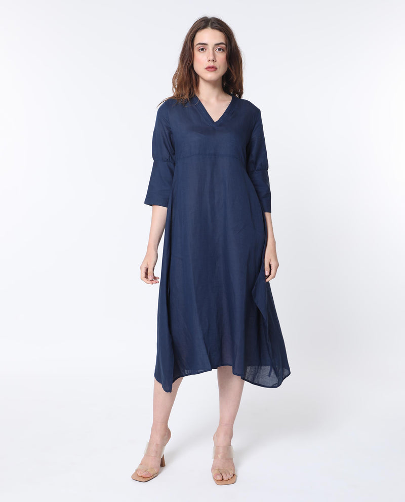 Rareism Women'S Krick Navy Modal Linen Fabric 3/4Th Sleeves V-Neck Relaxed Fit Plain Midi Asymmetric Dress