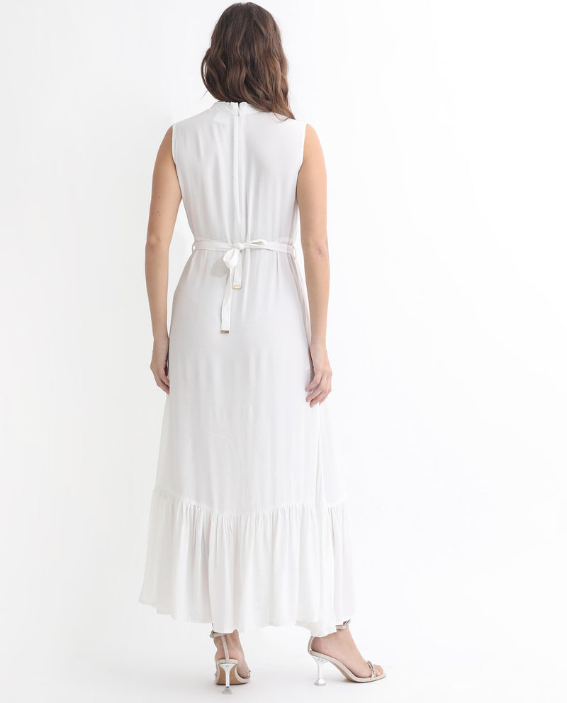 Rareism Women'S Lilies White Band Collar With Ruffles Sleeveless Fabric Waist Belt With Pockets Tiered Maxi Dress