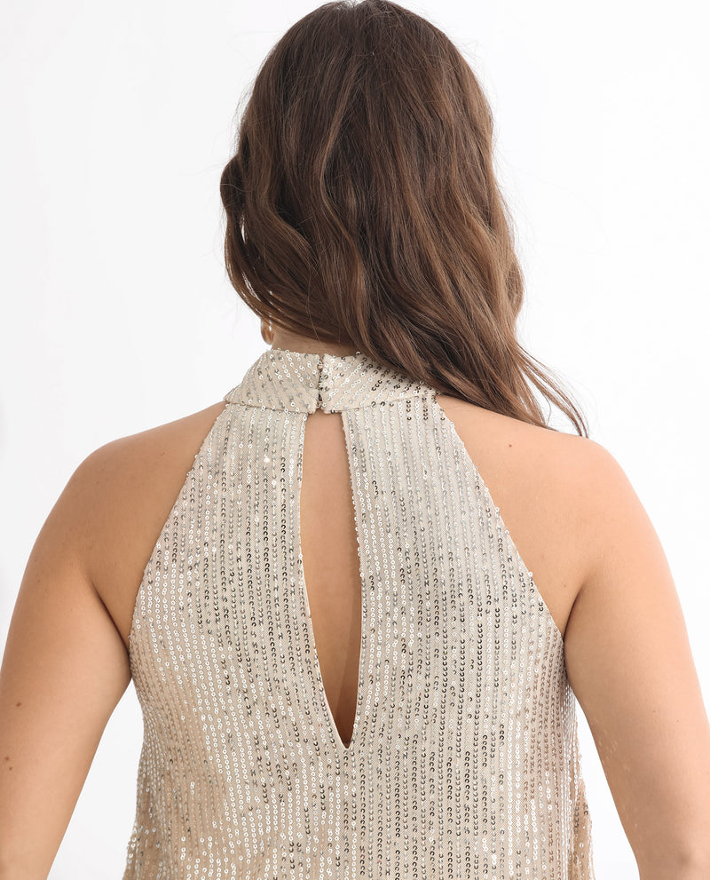 Rareism Women'S Lovia Beige Nylon Fabric Regular Fit Halter Neck Sleeveless Sequined Top