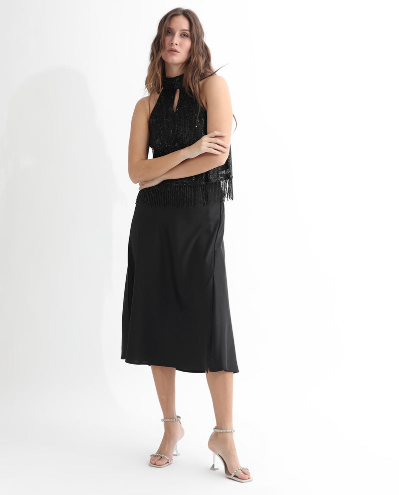 Rareism Women'S Lovia Black Nylon Fabric Regular Fit Halter Neck Sleeveless Sequined Top