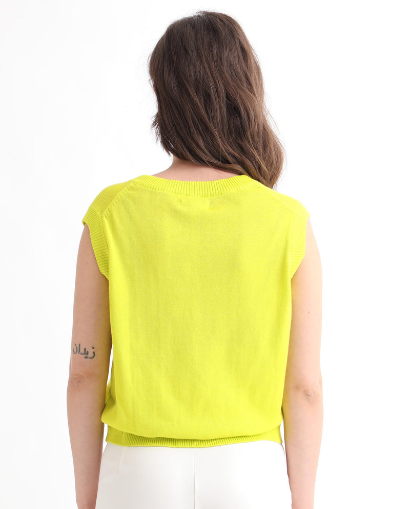 Rareism Women'S Madelyn Green Cotton Fabric Sleeveless Knee Length Regular Fit Solid V-Neck Sweater