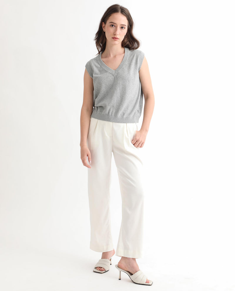 Rareism Women'S Madelyn Grey Cotton Fabric Sleeveless Knee Length Regular Fit Solid V-Neck Sweater