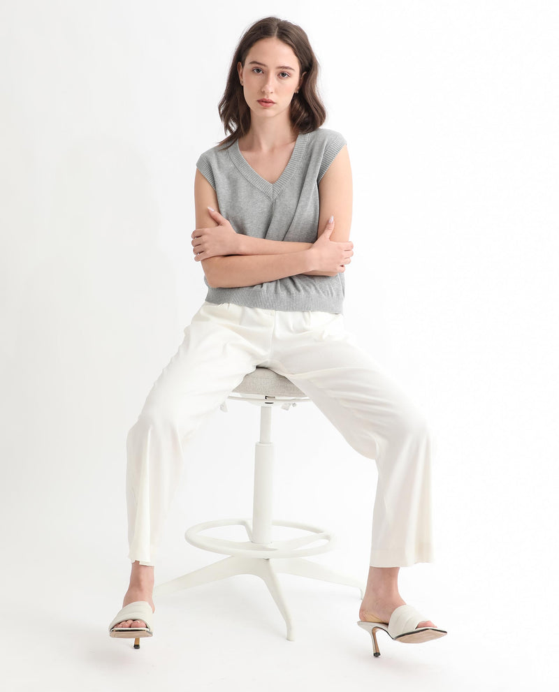 Rareism Women'S Madelyn Grey Cotton Fabric Sleeveless Knee Length Regular Fit Solid V-Neck Sweater