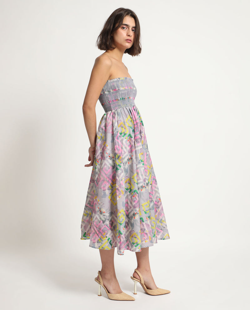 Rareism Women'S Mazon Multi Cotton Fabric Sleeveless Tube Neck Shoulder Straps Fit And Flare Floral Print Midi Empire Dress