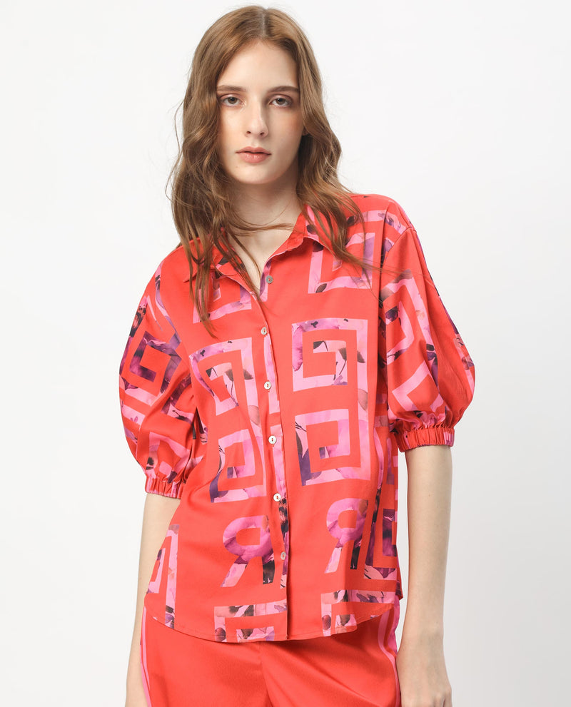 Rareism Women'S Mclean Pink Polyester Fabric Short Sleeves Button Closure Shirt Collar Regular Fit Geometric Print Shrug