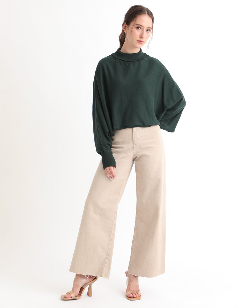 Rareism Women'S Modem Green Cotton Fabric Full Sleeves Regular Fit Solid High Neck Sweater