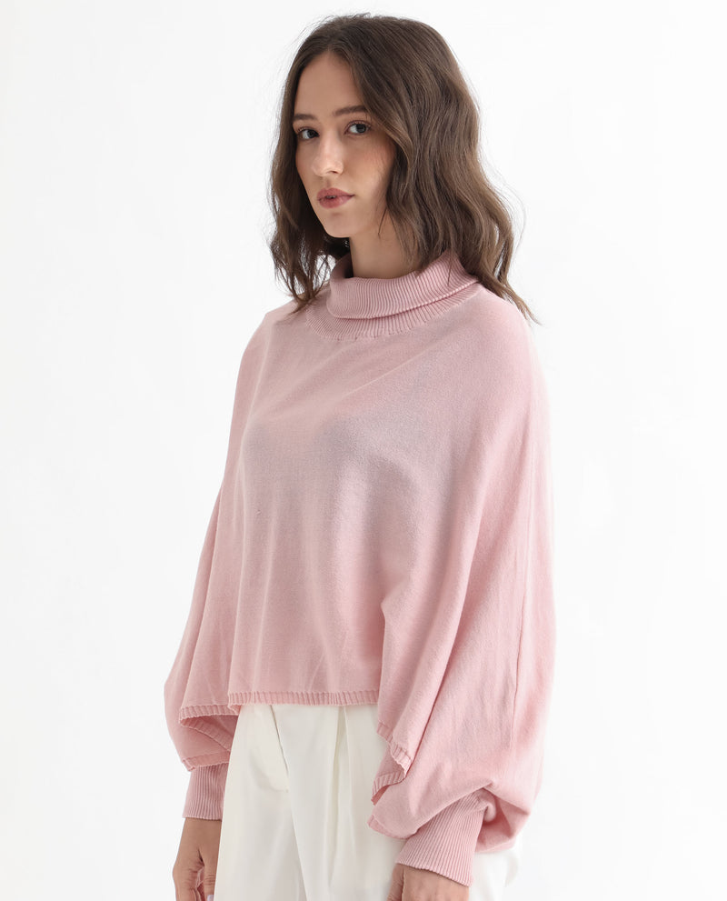Rareism Women'S Modem Pink Cotton Fabric Full Sleeves Regular Fit Solid High Neck Sweater