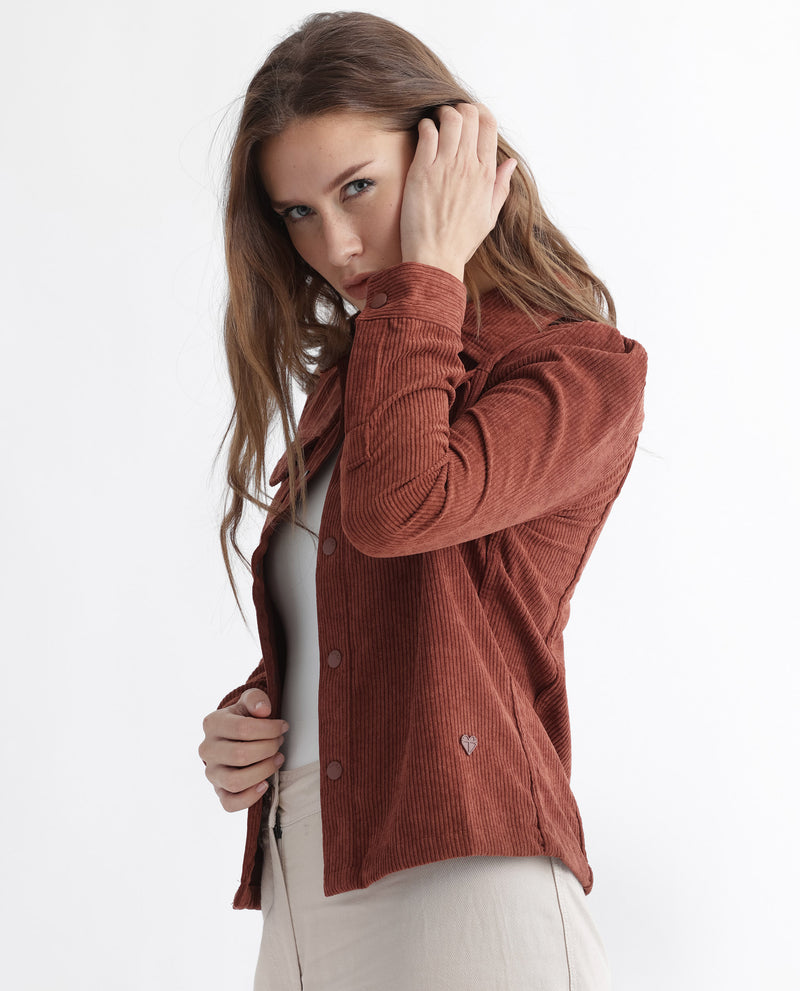 Rareism Women'S Mooney Rust Polyester Fabric Full Sleeves Solid Shirt Collar Jacket