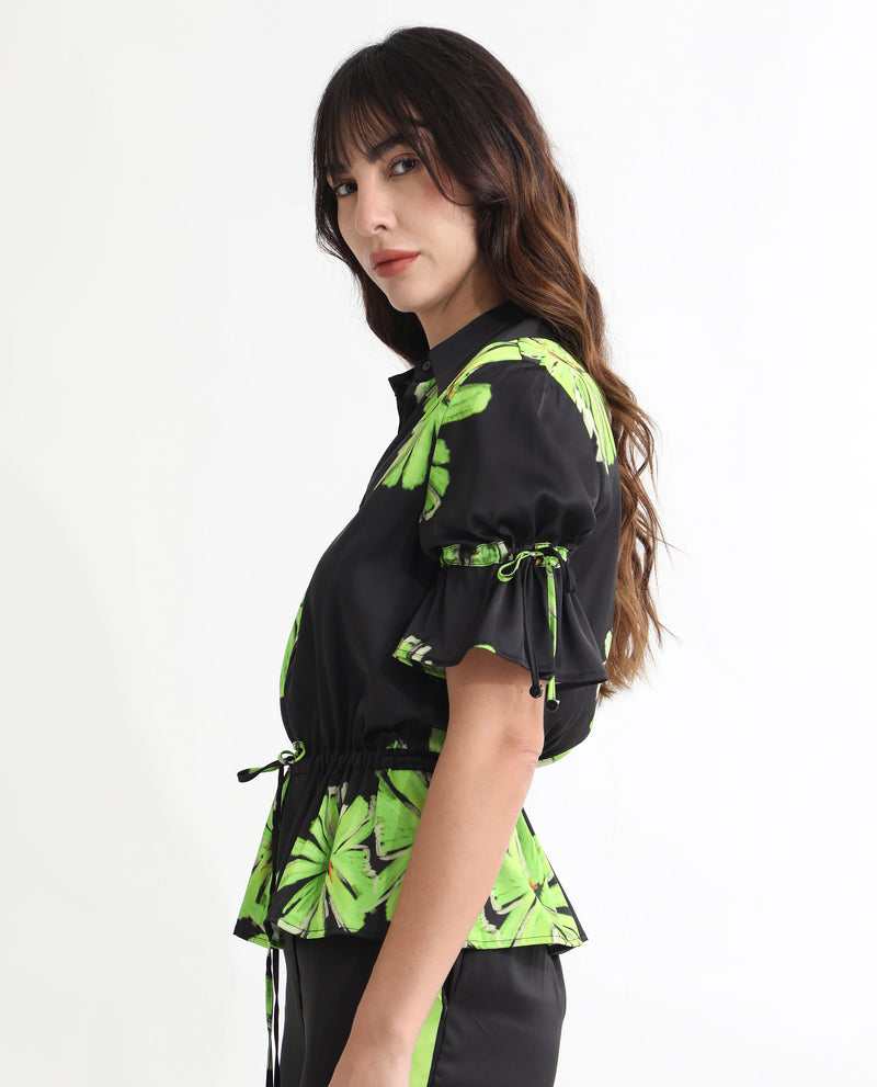 Rareism Women'S Murphy Black Polyester Fabric Short Sleeves Button Closure Shirt Collar Regular Fit Floral Print Top